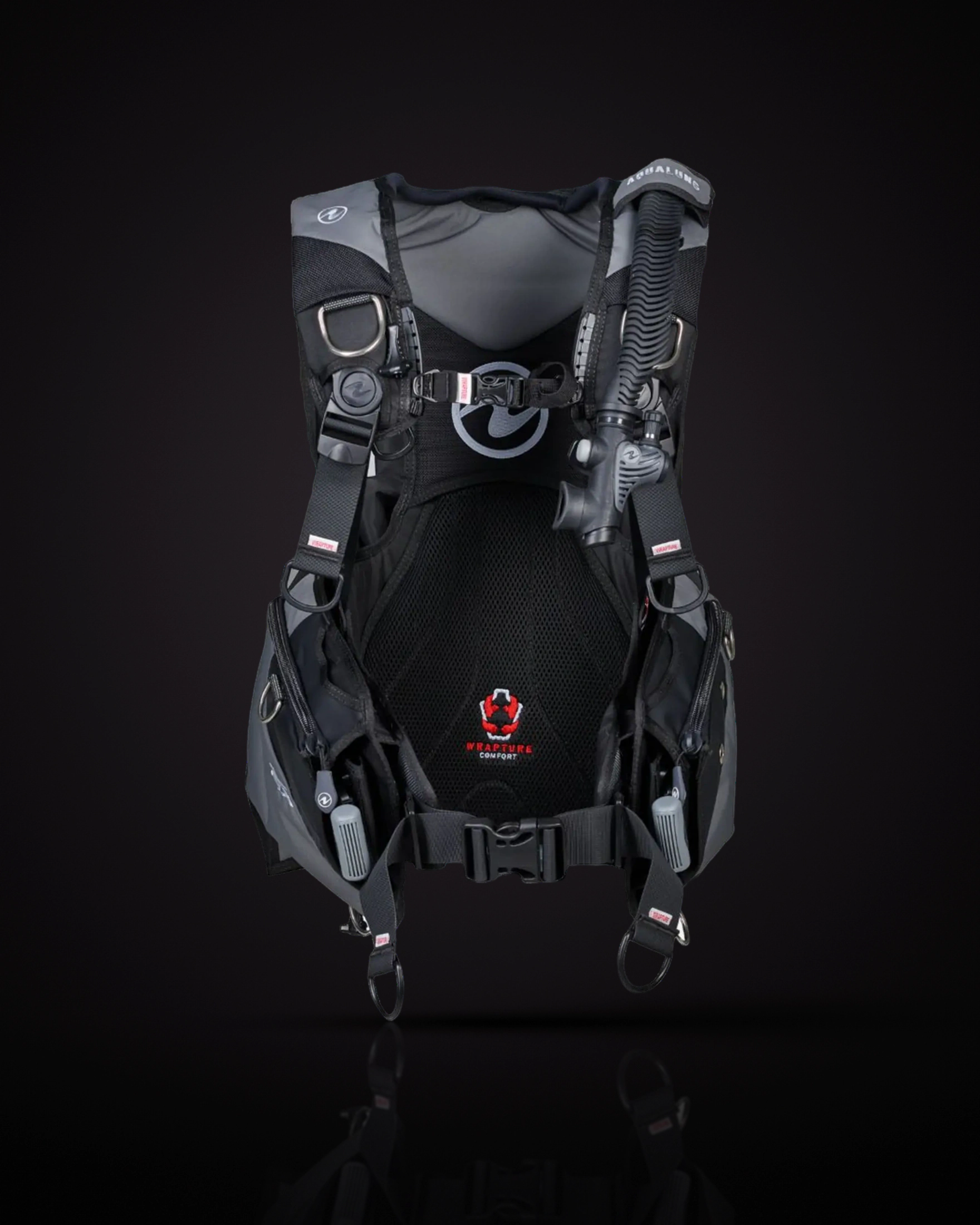 Aqualung Axiom Men's in Black/Grey, front view with the Wrapture inner harness and the inflator hose