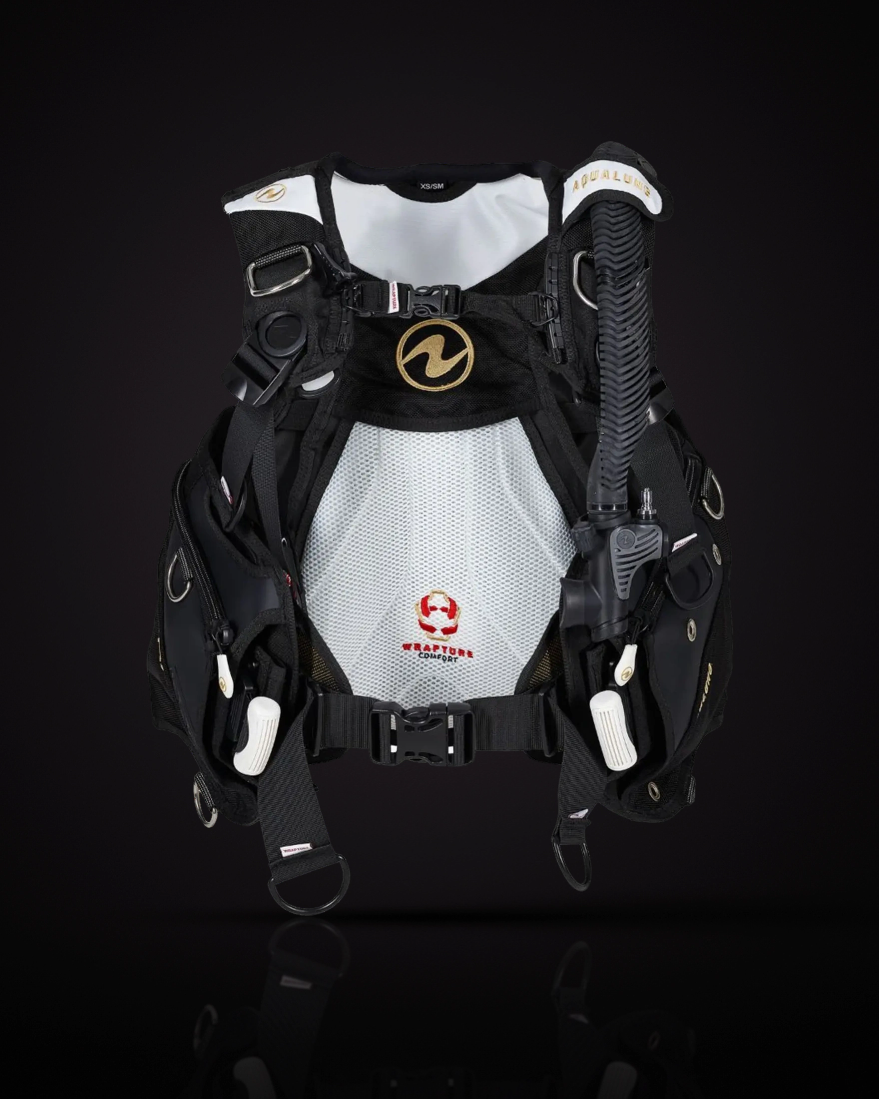 Aqualung Axiom Women's, colour White/Gold, front view: a black jacket with a white mesh inner back panel, white shoulder panels and a gold Aqualung logo