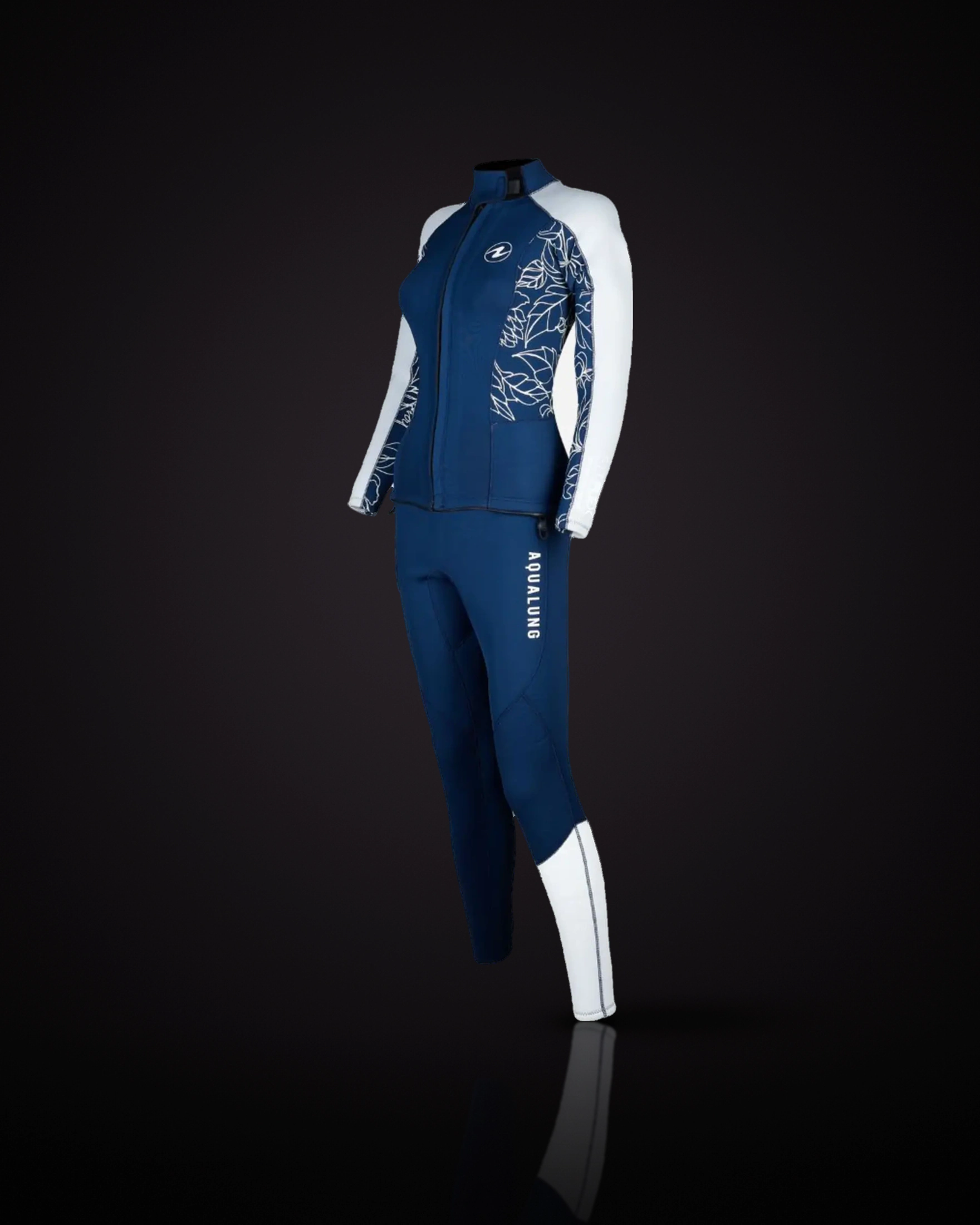 Aqualung FitFlex 3mm Women's in Navy/Ivory, three-quarter front view: a navy jacket and pant, ivory-white sleeves, navy side panels with a white floral line pattern, one white lower leg, the Aqualung logo on the chest and AQUALUNG lettering down a pant leg
