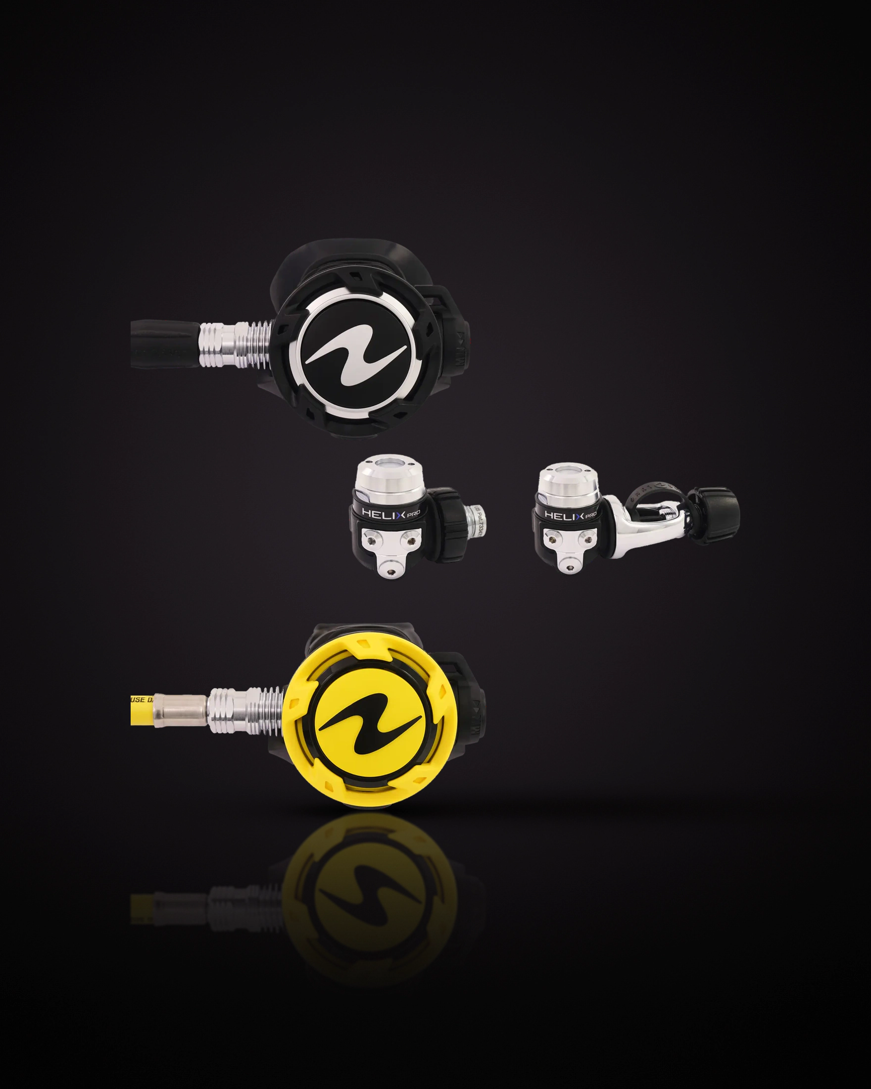 ชุด Aqualung Helix Pro Stage 3 ด้านบนคือเซคันด์สเตจสีดำที่มีโลโก้ Aqualung ขนาดใหญ่ ตรงกลางคือเฟิร์สสเตจ HELIX PRO สองแบบวางคู่กัน DIN ทางซ้าย และ INT (Yoke) ทางขวา ด้านล่างคือออคโตพัสสีเหลืองที่เห็นปลายสายสีเหลือง ในรูปมีเฟิร์สสเตจให้ดูทั้งสองแบบ แต่ในชุดจะได้แบบเดียวตามที่คุณเลือก