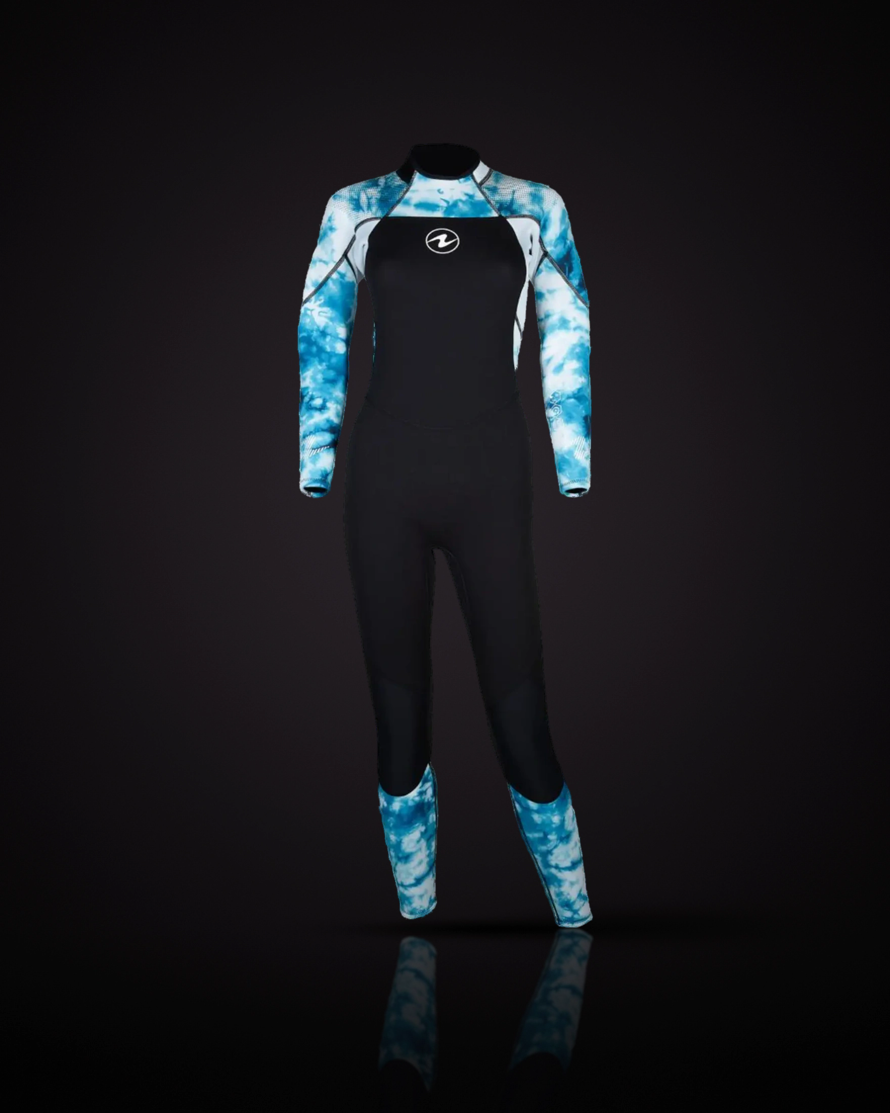 Aqualung Hydroflex 3mm Women's in Black/Light Blue, front view: a black suit with a light-blue and white print on the shoulders, arms and calves and the Aqualung logo on the chest