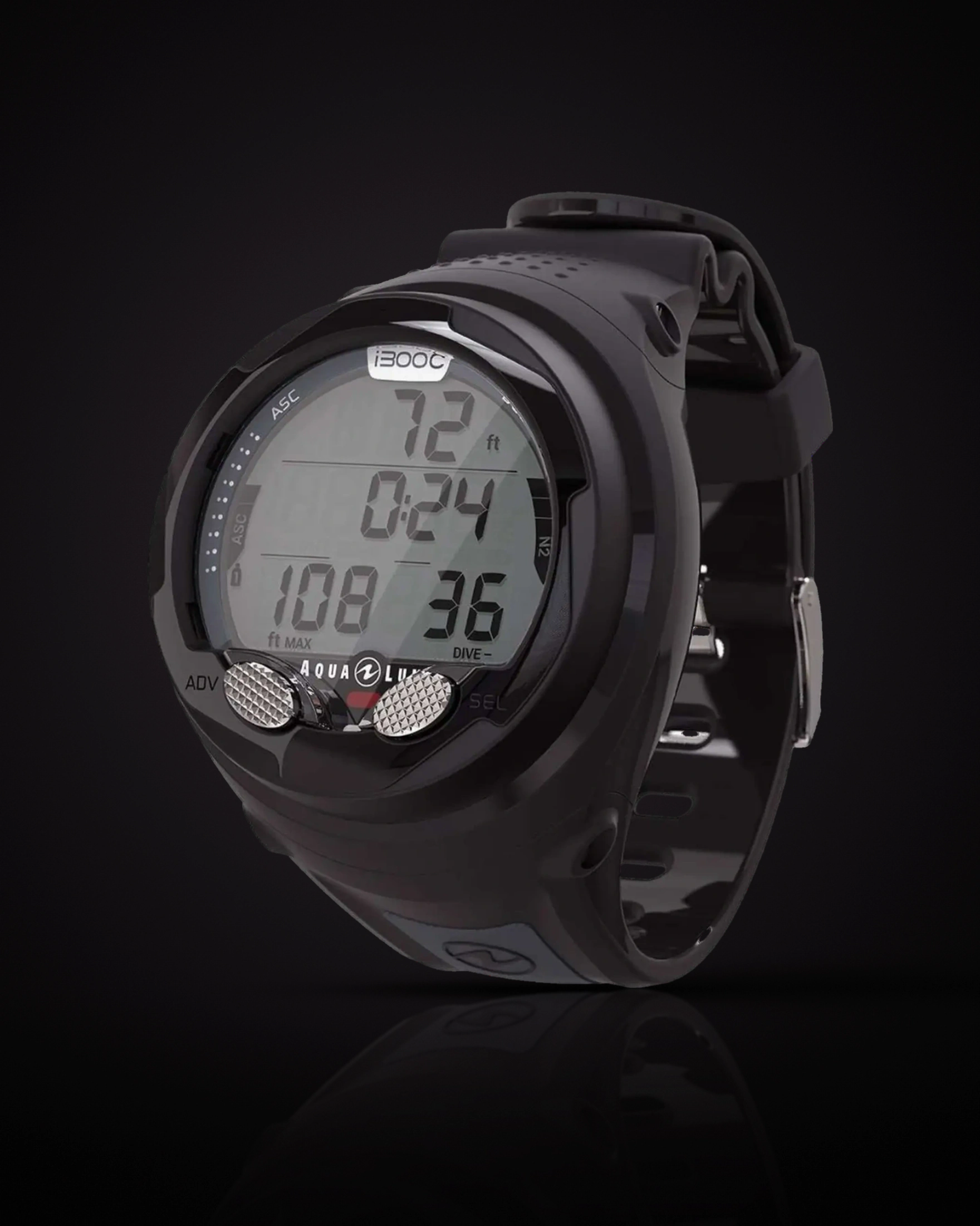 Aqualung i300C in Black/Grey, angled to show the dive screen and its two buttons