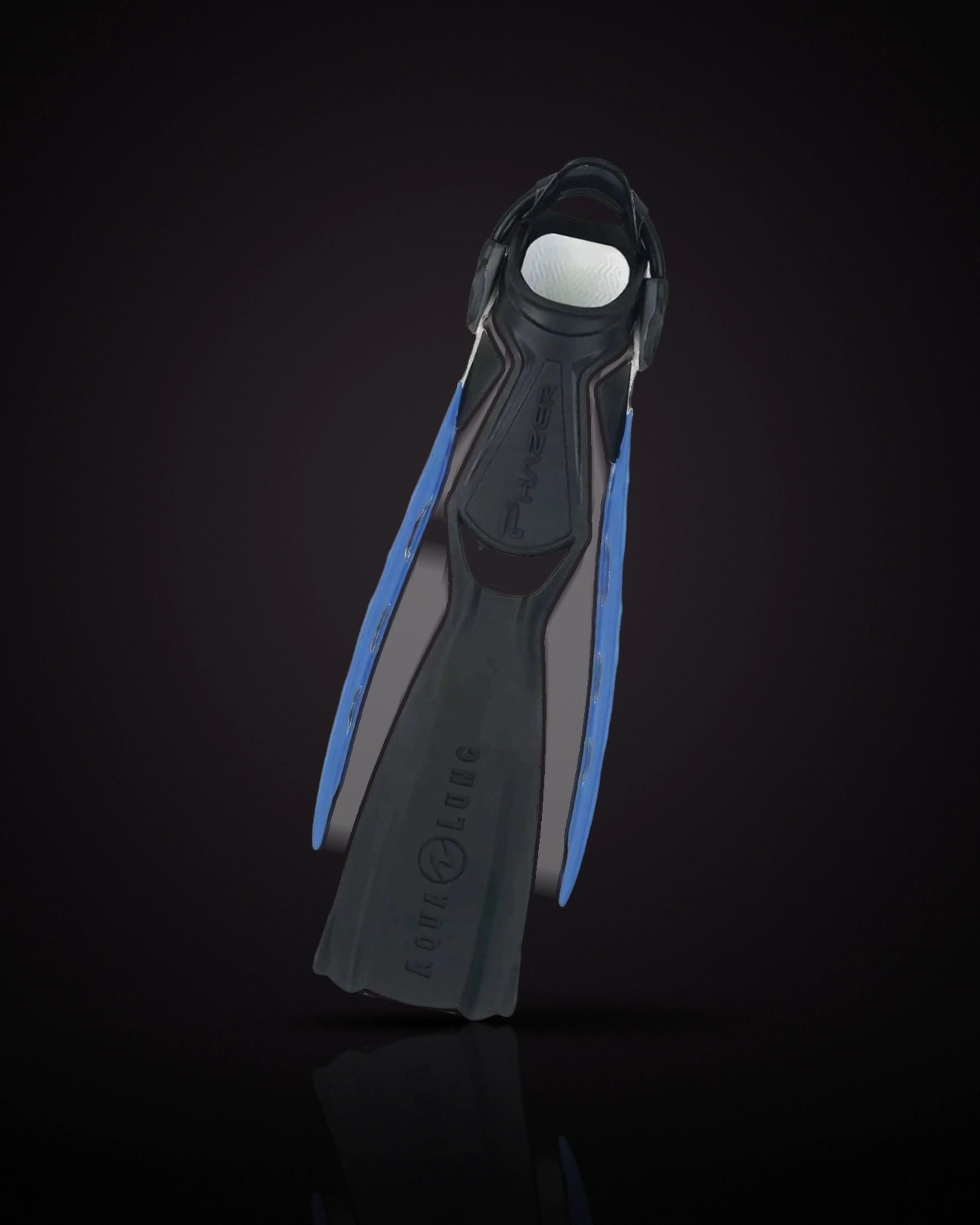 Aqualung Phazer in White/Black/Blue, top view of the foot pocket, blade and side ribs