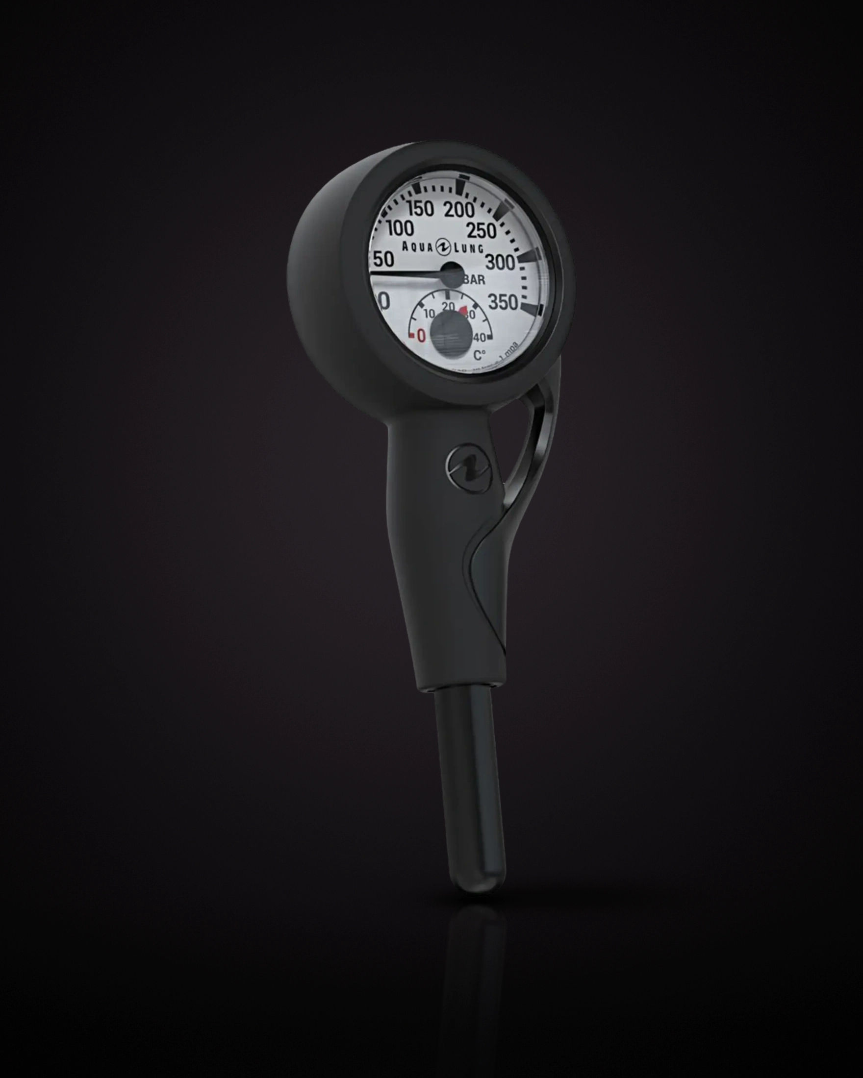 Aqualung Pressure Gauge in black, front view: a white bar dial up to 350 with a small temperature scale inside it