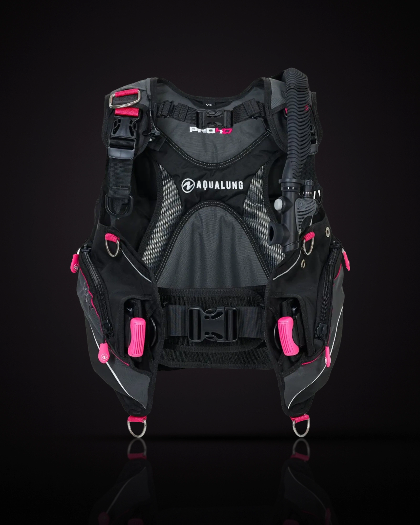 Aqualung Pro HD Women's in Black/Pink, front view with shoulder straps, chest strap, waistband and both weight pockets