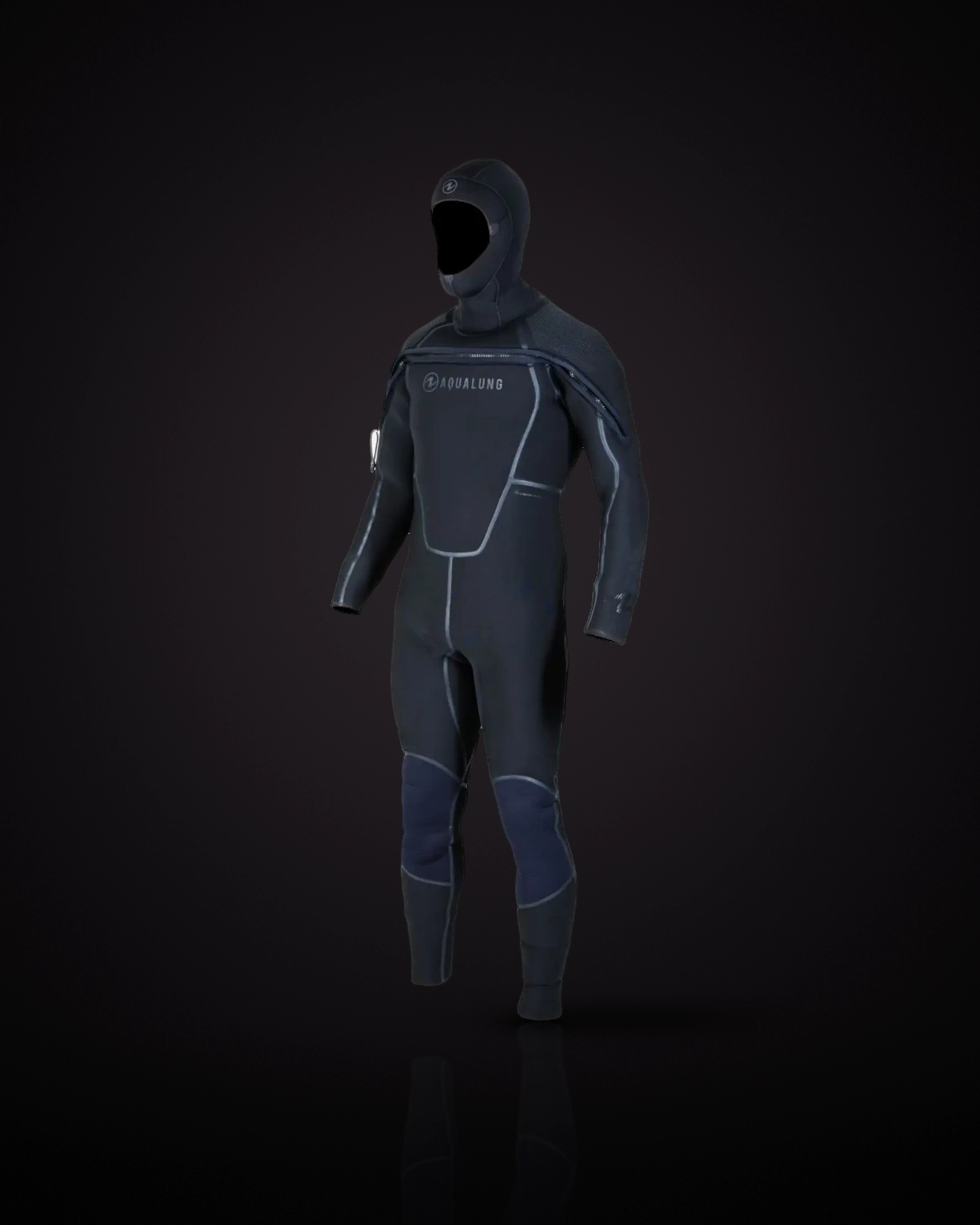 Aqualung SolaFlex 8/7mm Men's in Black, three-quarter front view, shown with a hood bearing the Aqualung logo: an all-black suit with grey seam lines, a zip across the upper chest, the AQUALUNG logo on the chest, a textured shoulder panel, dark blue kneepads and a metal clip on the right upper arm